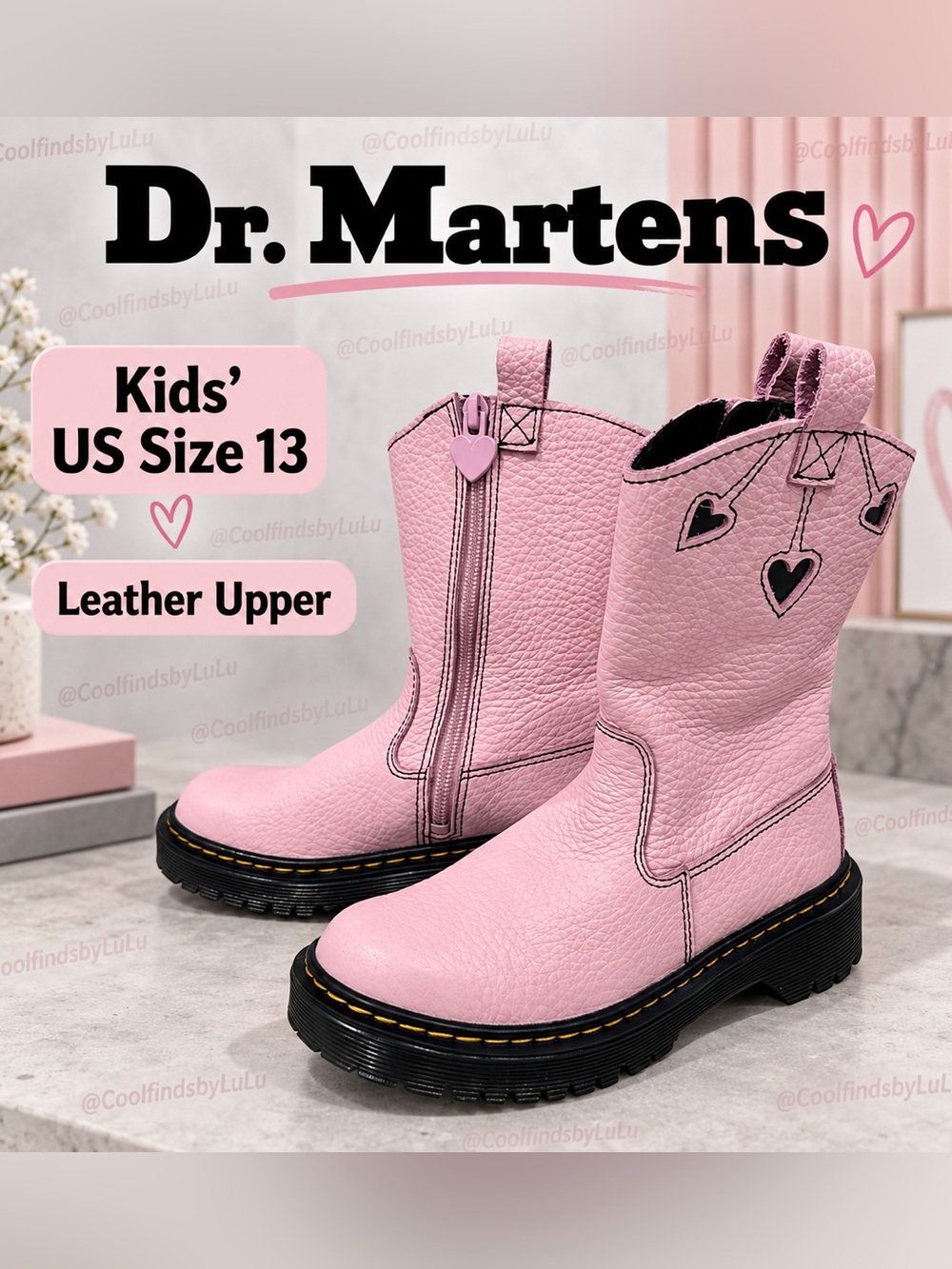 Dr. Martens Bex Heart Pink Leather Boots Kids Size 13